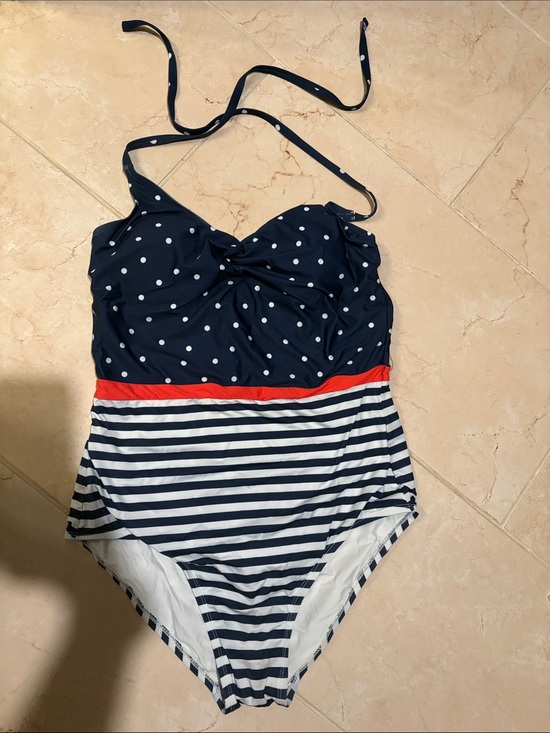 Modcloth Other - Modcloth Navy & White Polka Dot and Stripe One-Piece with Red Waistband